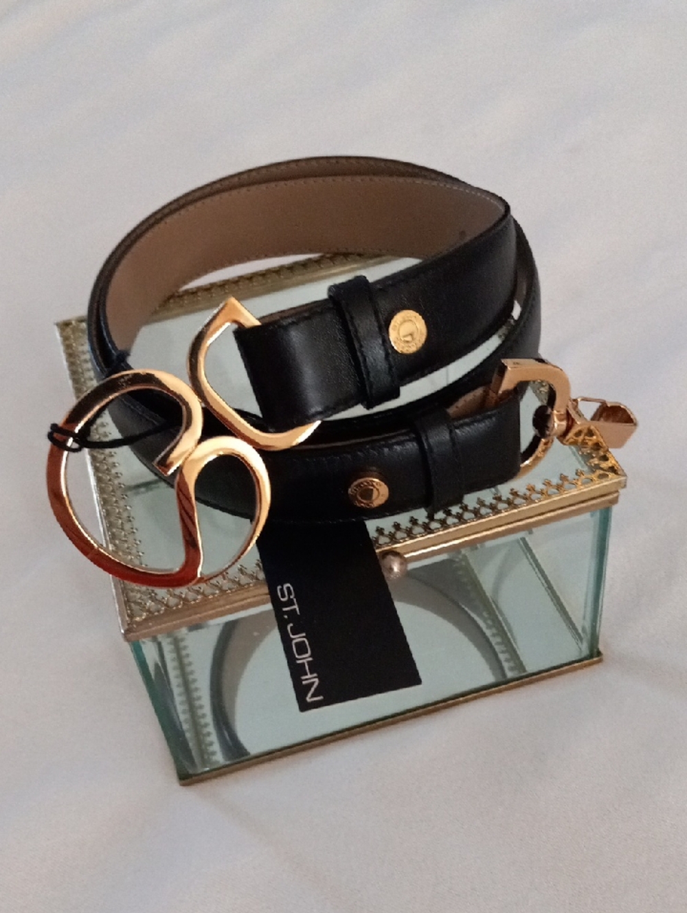 ST JOHN Vintage Black Italian Leather Belt With Gold- Tone Buckle